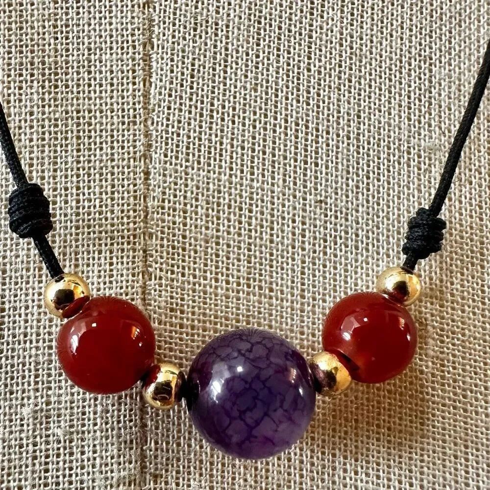 Amethyst and carnelian beaded necklace on cord